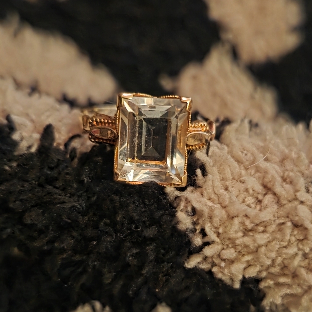 Antique Otsby Barton 10k Gold Emerald Cut Quartz Engagement Ring Size 7